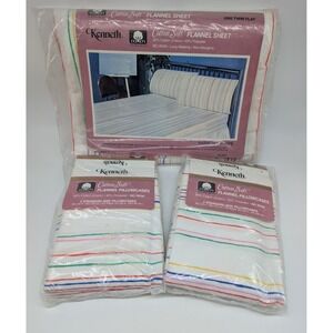 Vintage Kenneth‎ Twin Flannel Flat Sheet 4 Pillowcases Match Harmony Stripe Home